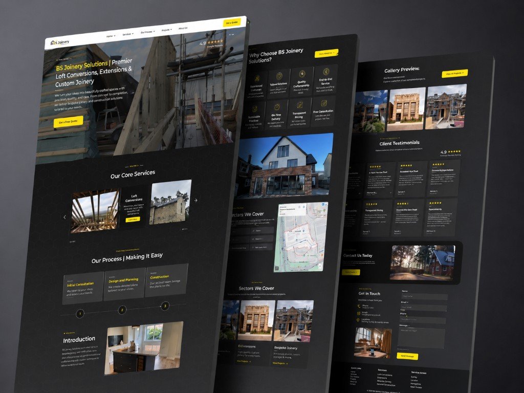 BS Joinery Solutions contact form section with workshop photography
