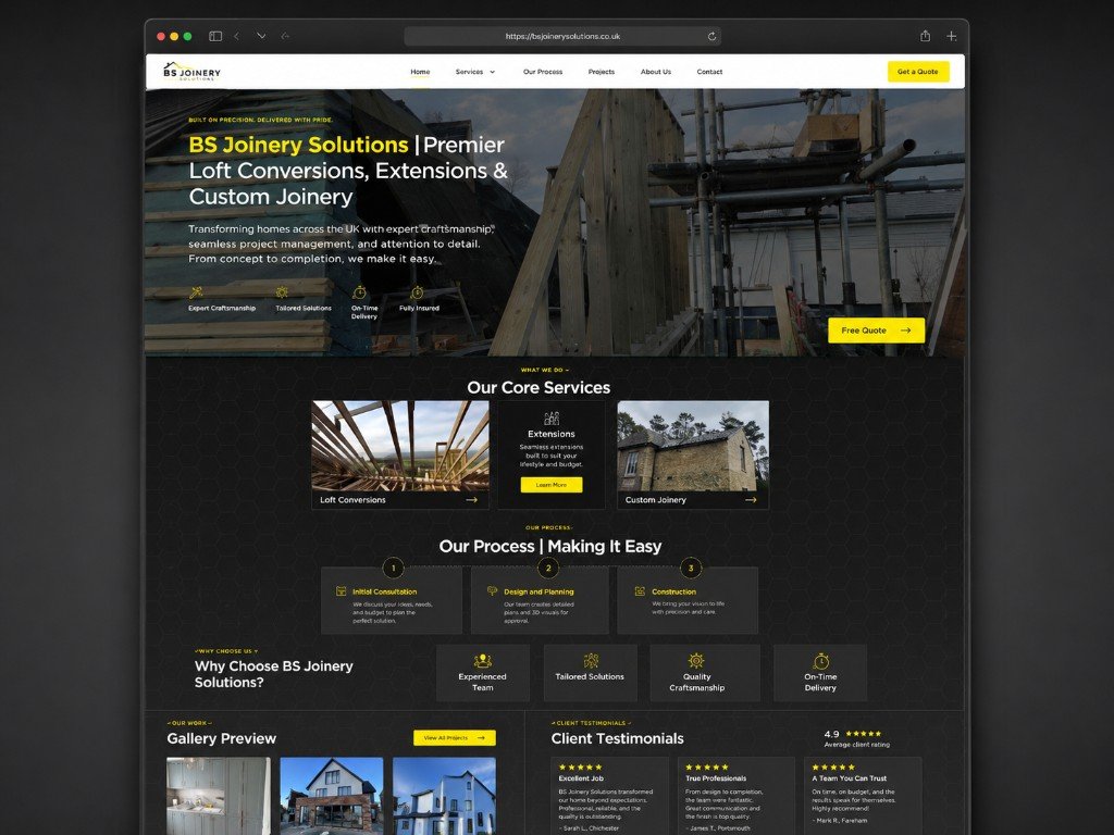 BS Joinery Solutions services section mockup on laptop screen