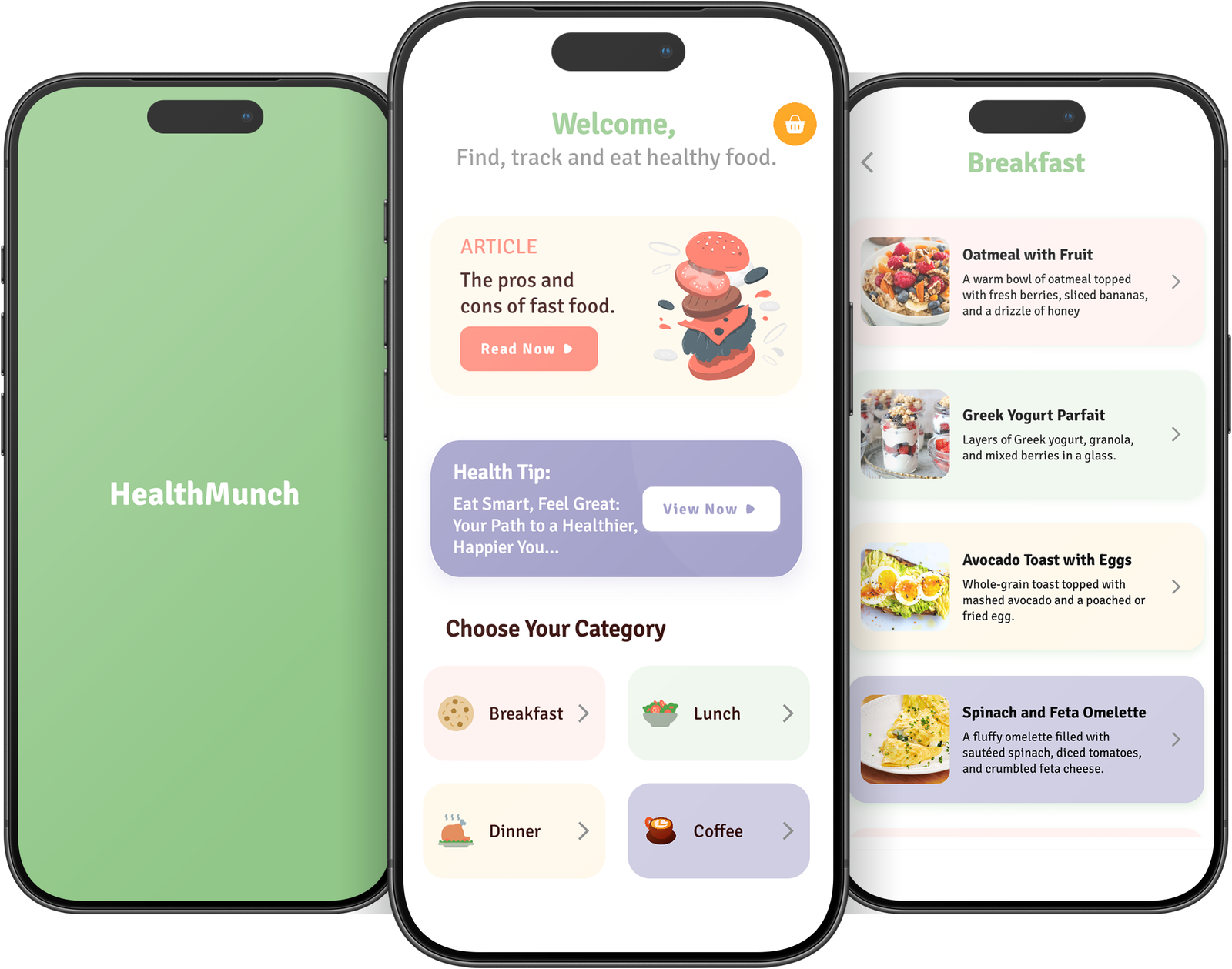 HealthMunch five-screen app presentation mockup