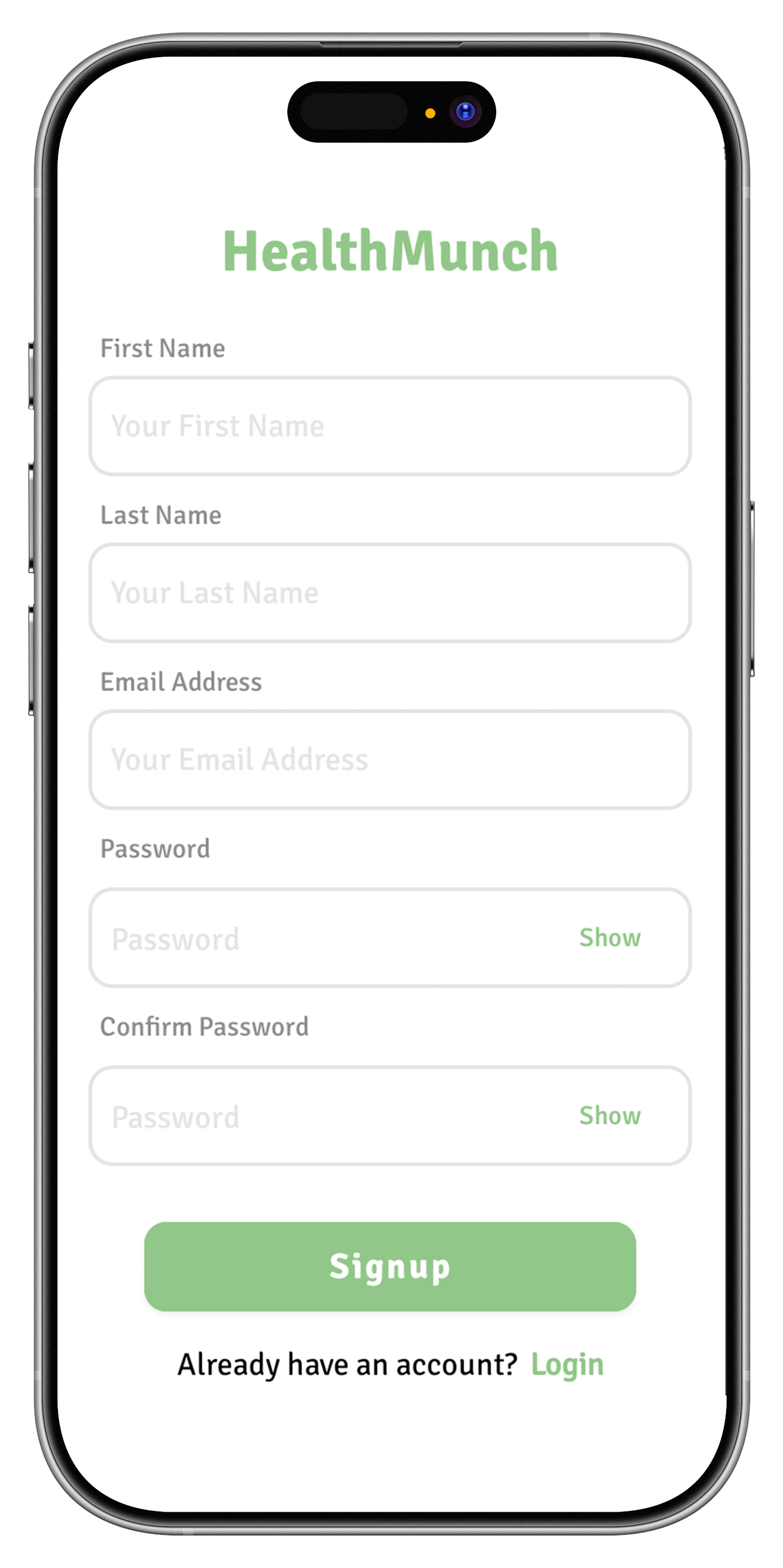 HealthMunch registration screen