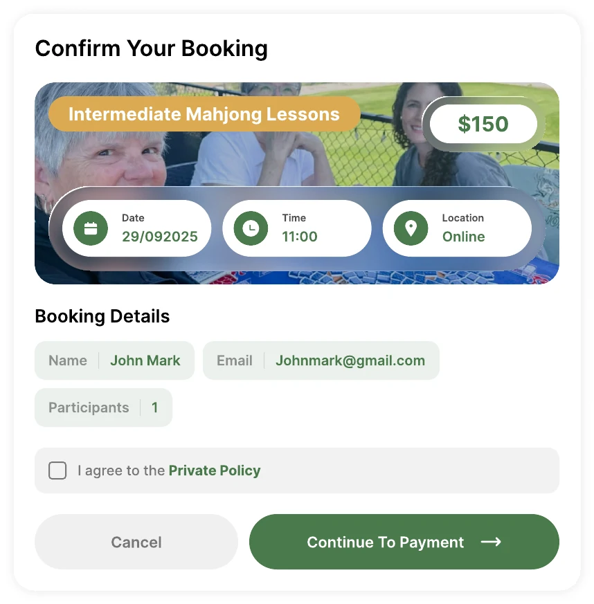 Confirm booking screen
