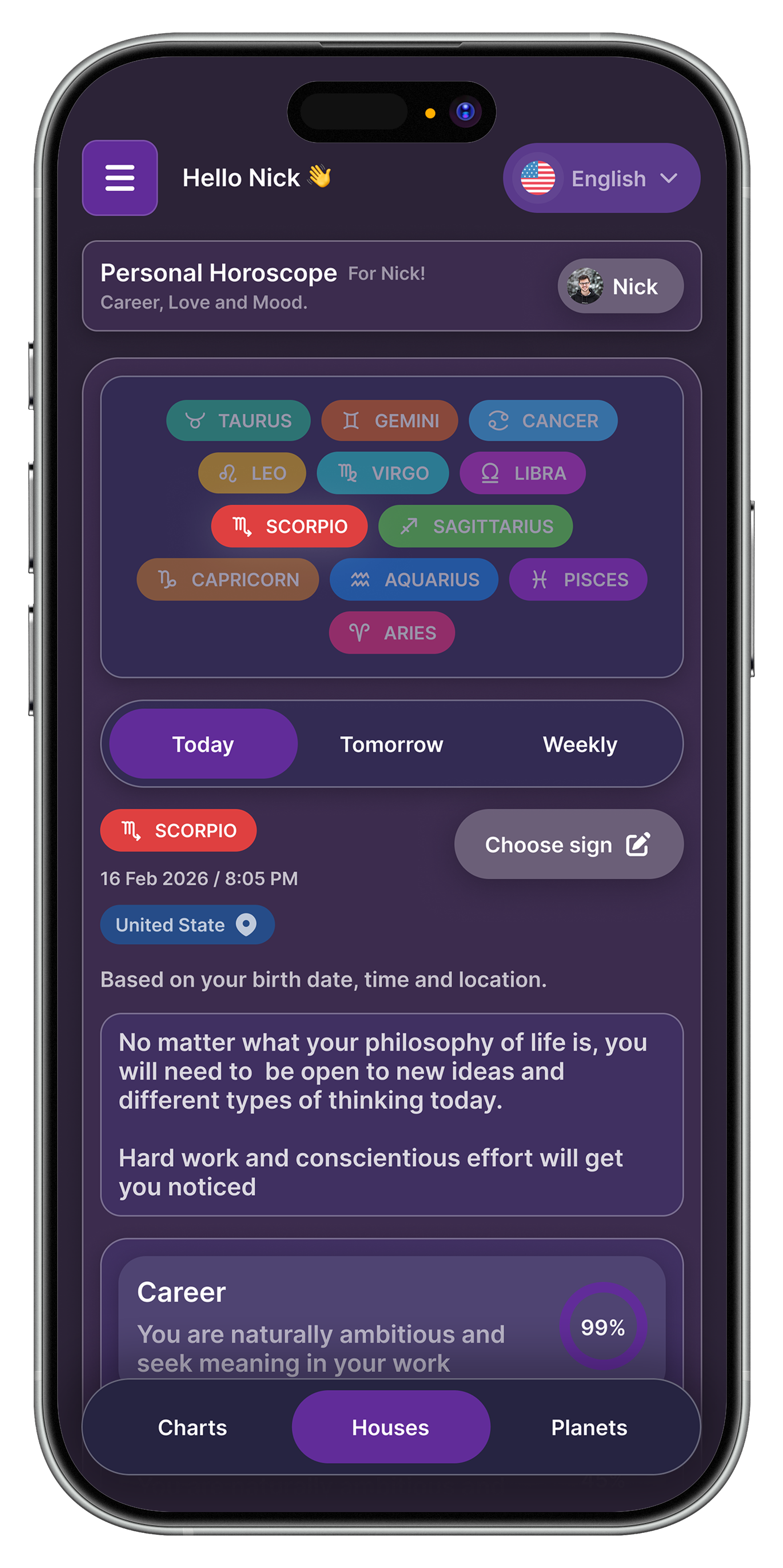 Phenoe personal horoscope screen
