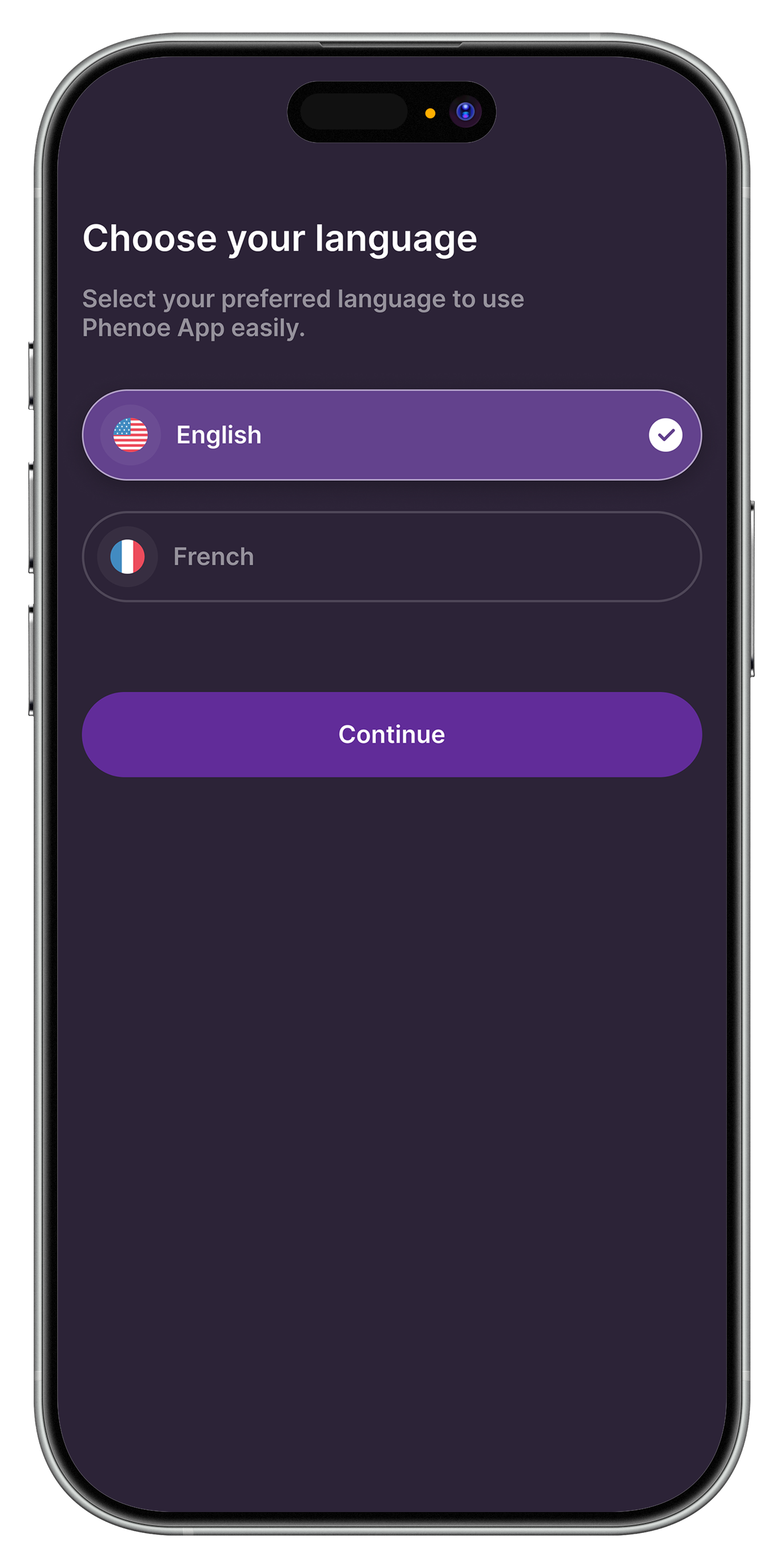 Phenoe language selection screen