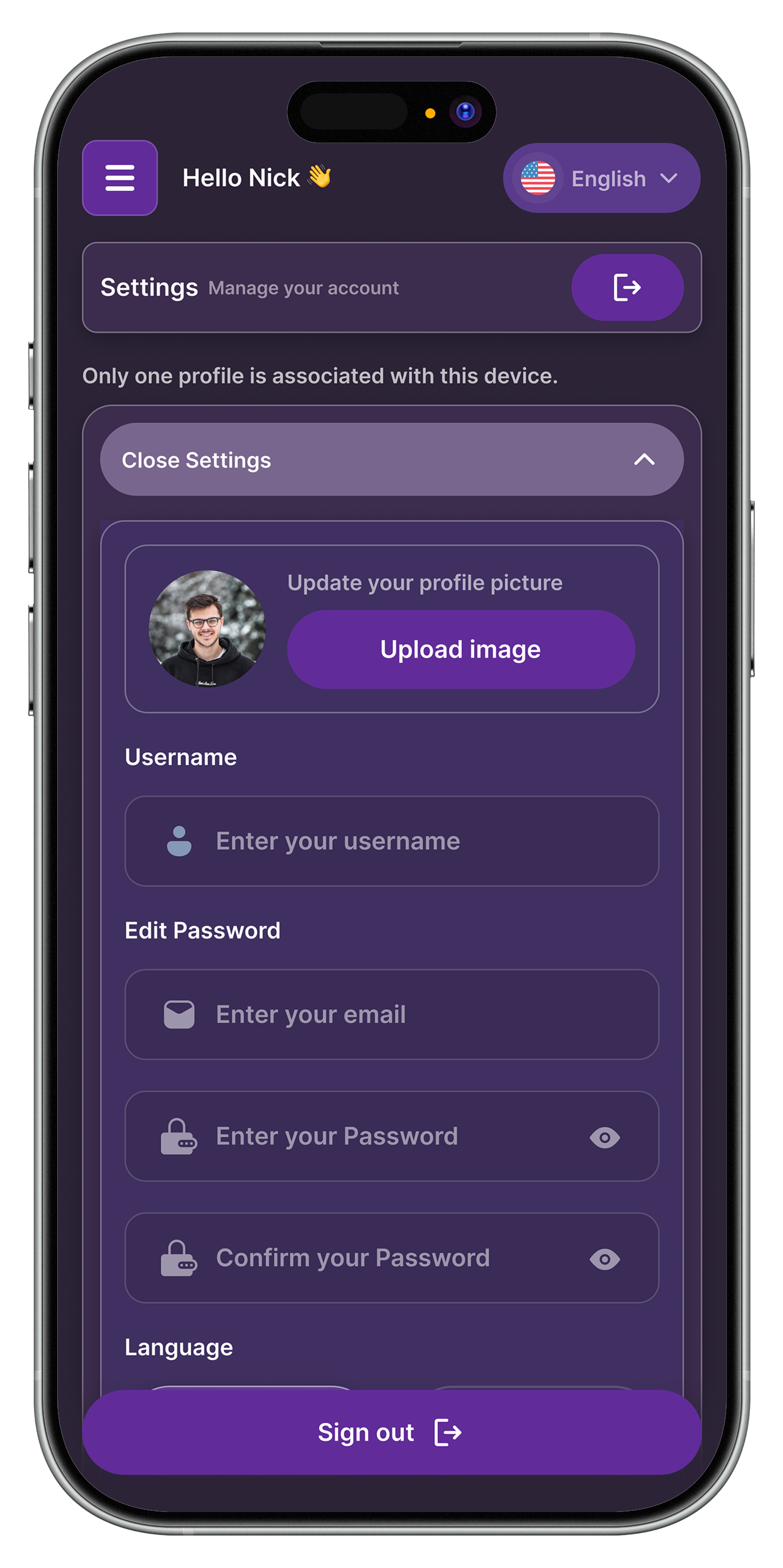 Phenoe settings screen