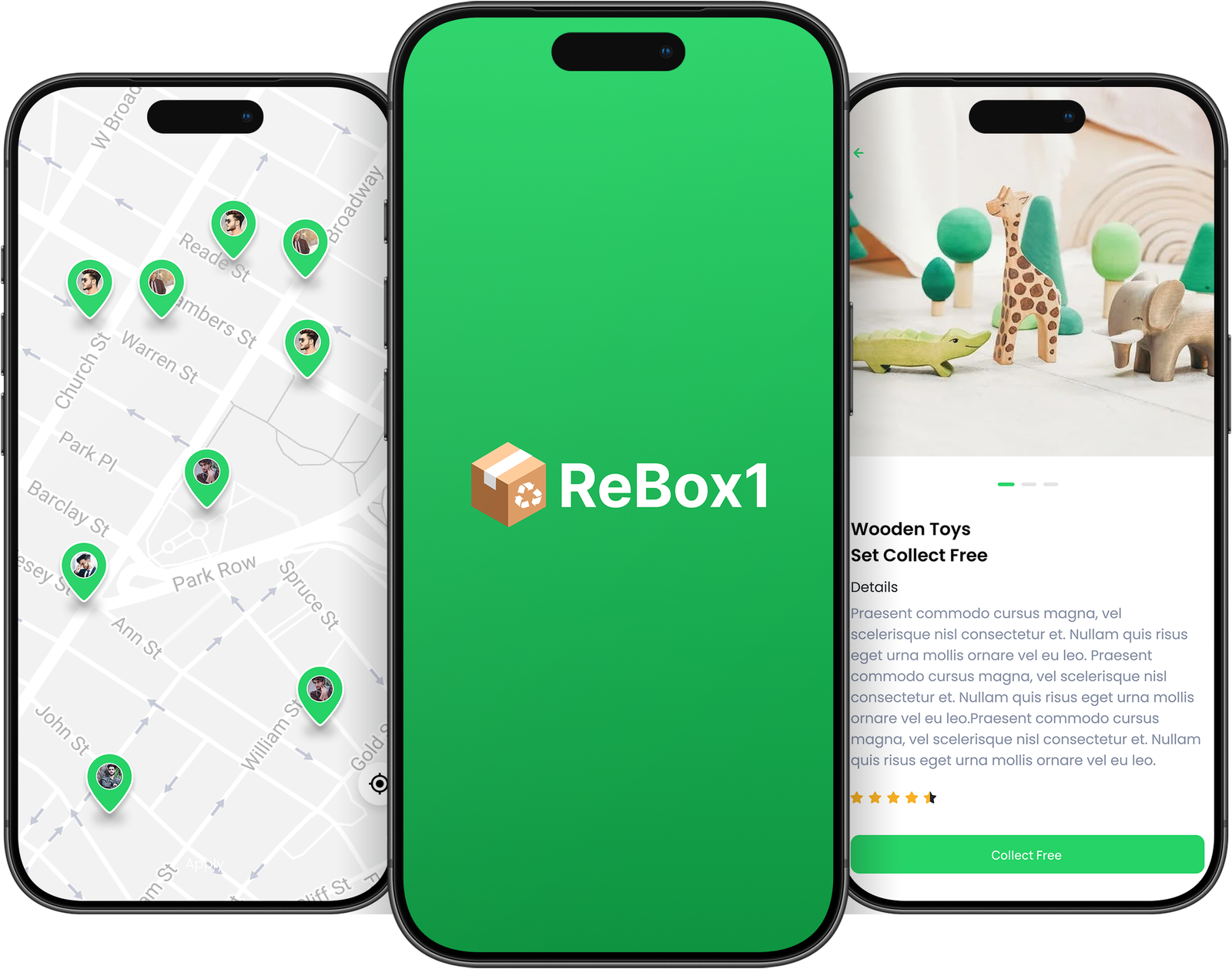 ReBox1 three-screen app presentation mockup