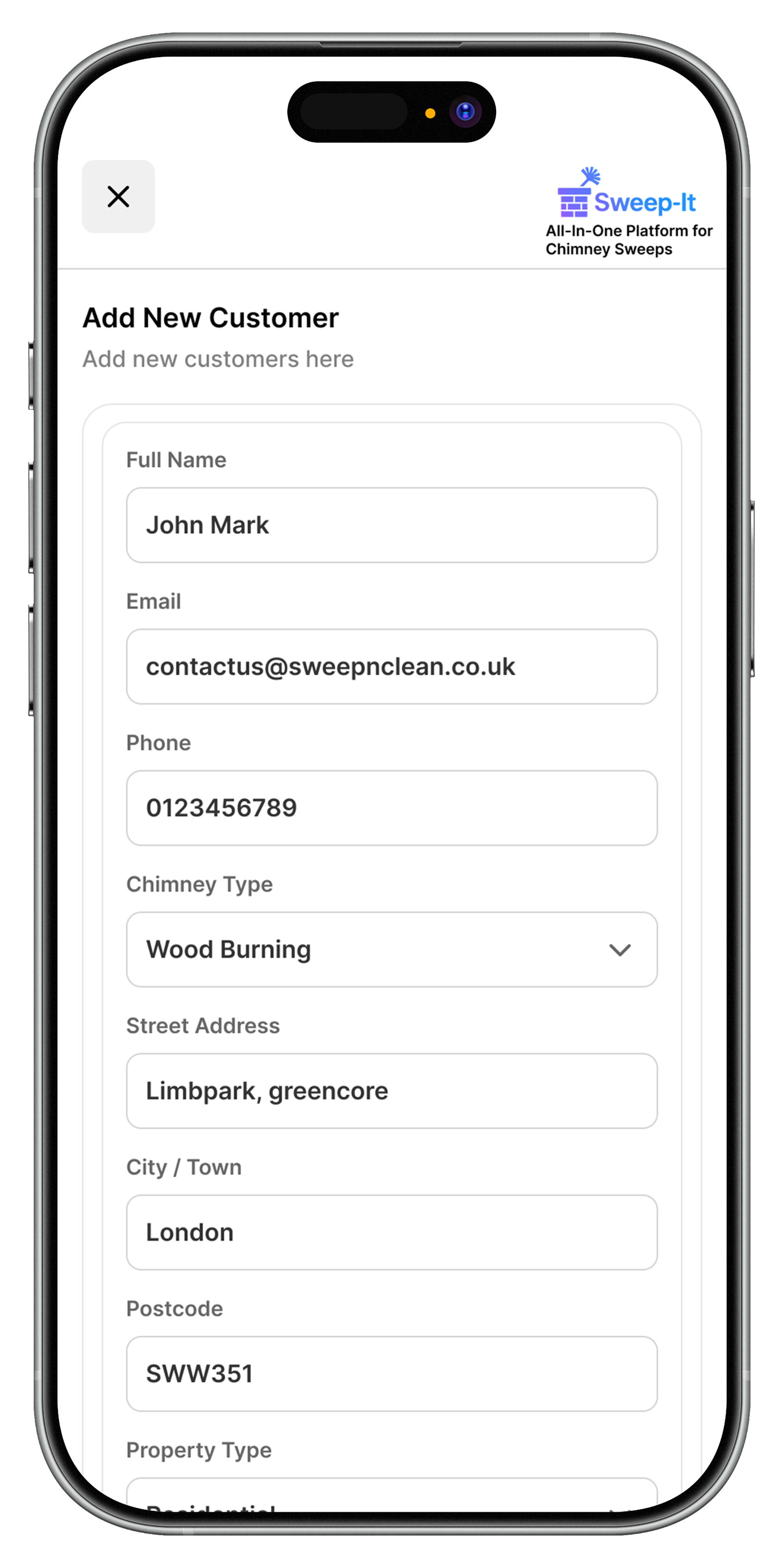 Sweep-It add customer screen