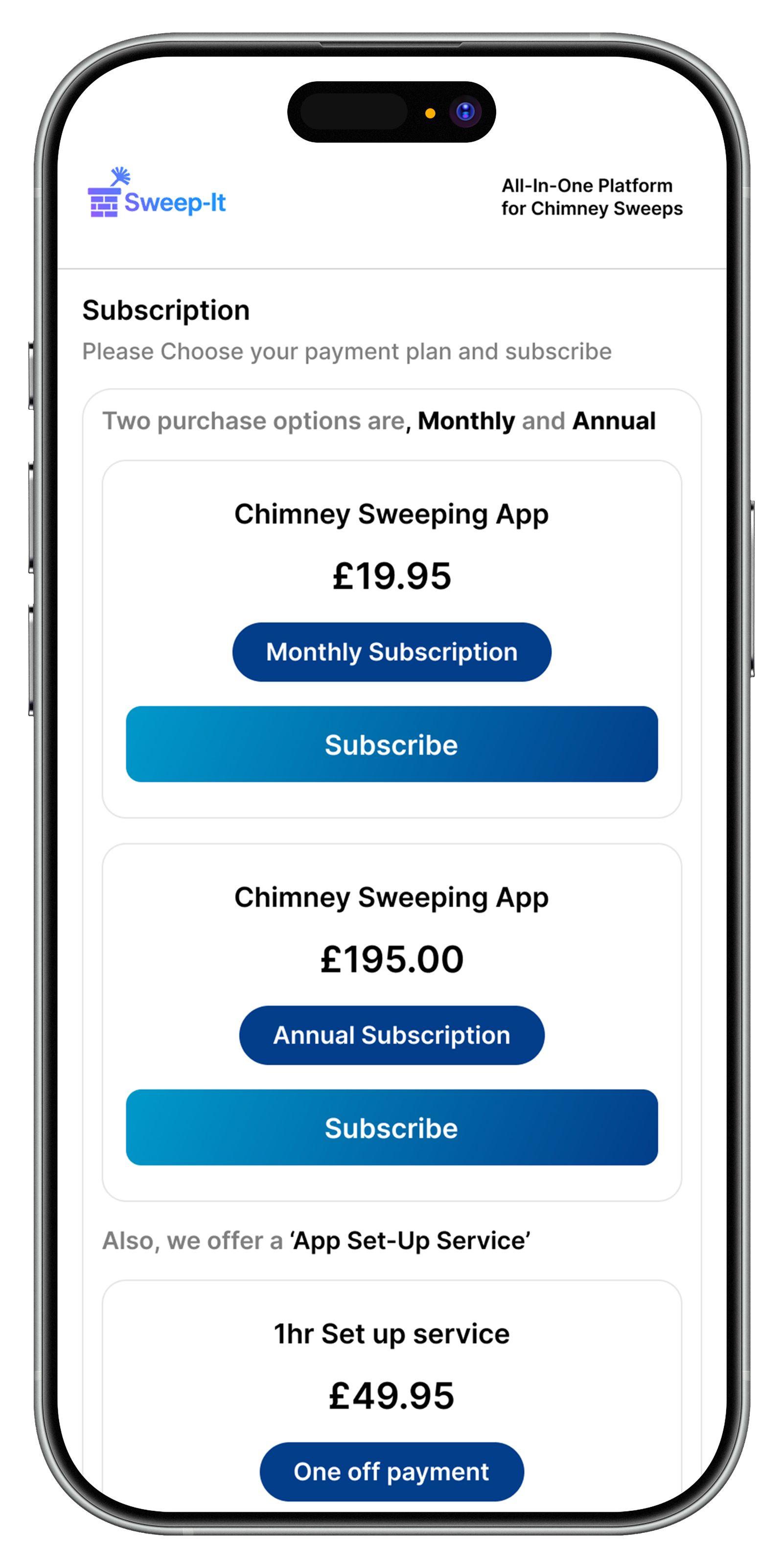 Sweep-It choose plan screen
