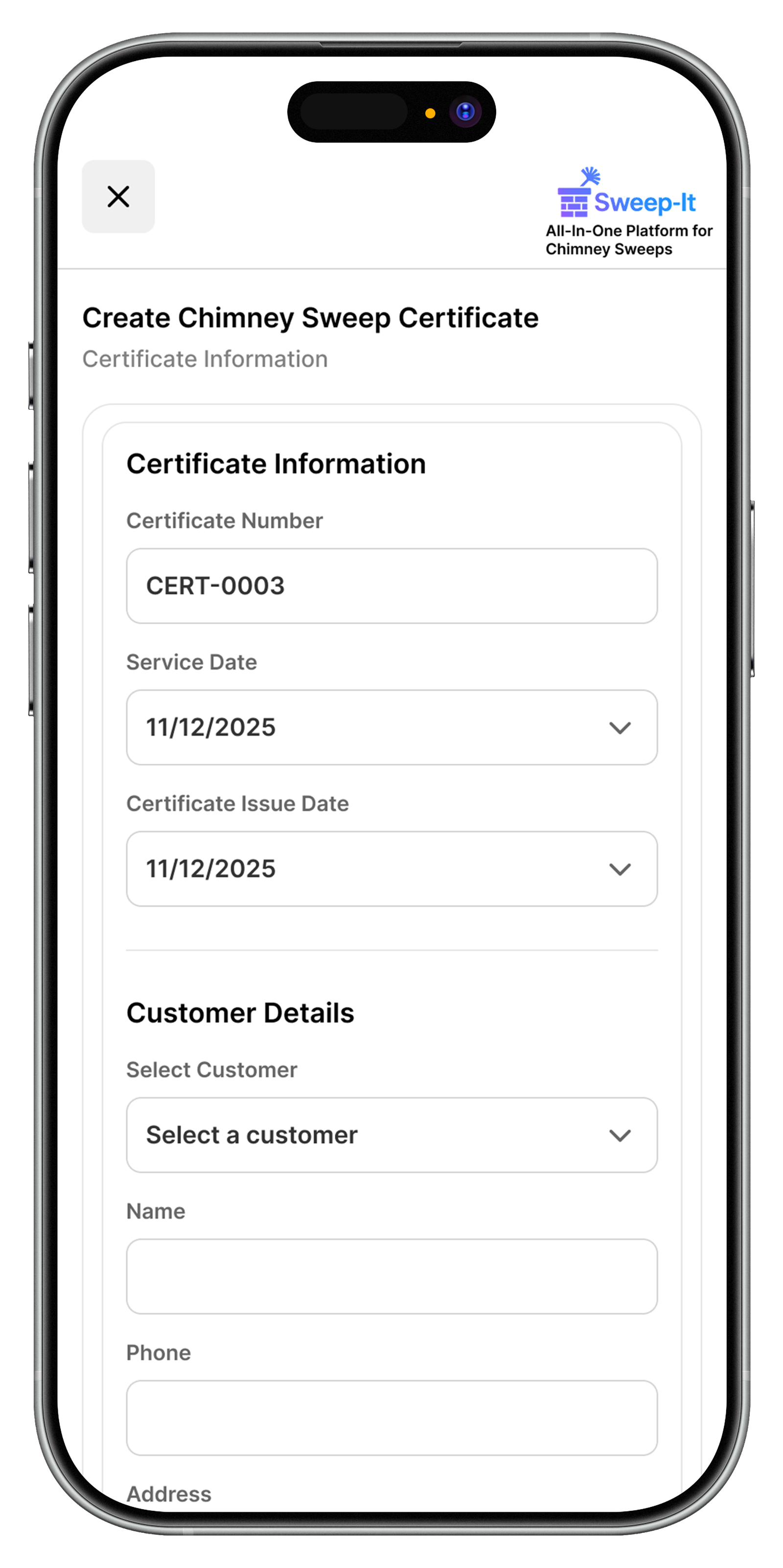 Sweep-It create certificate screen