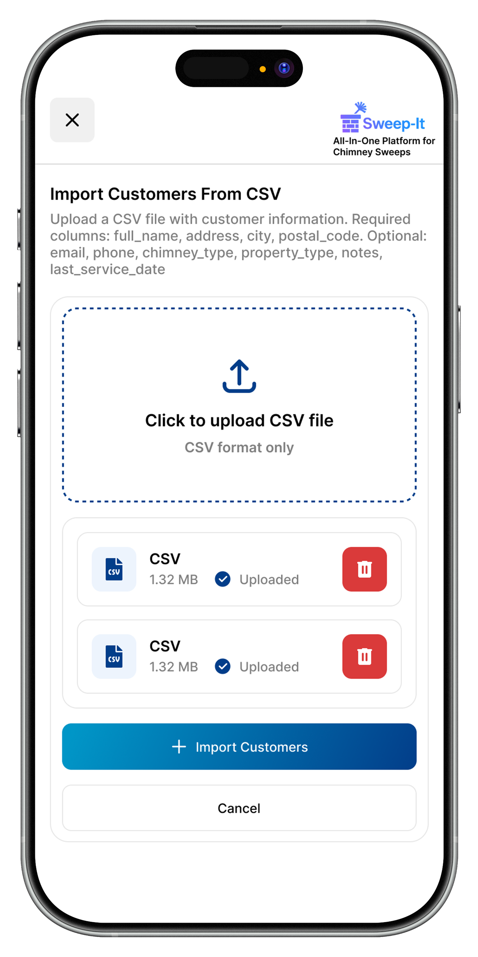 Sweep-It CSV import screen