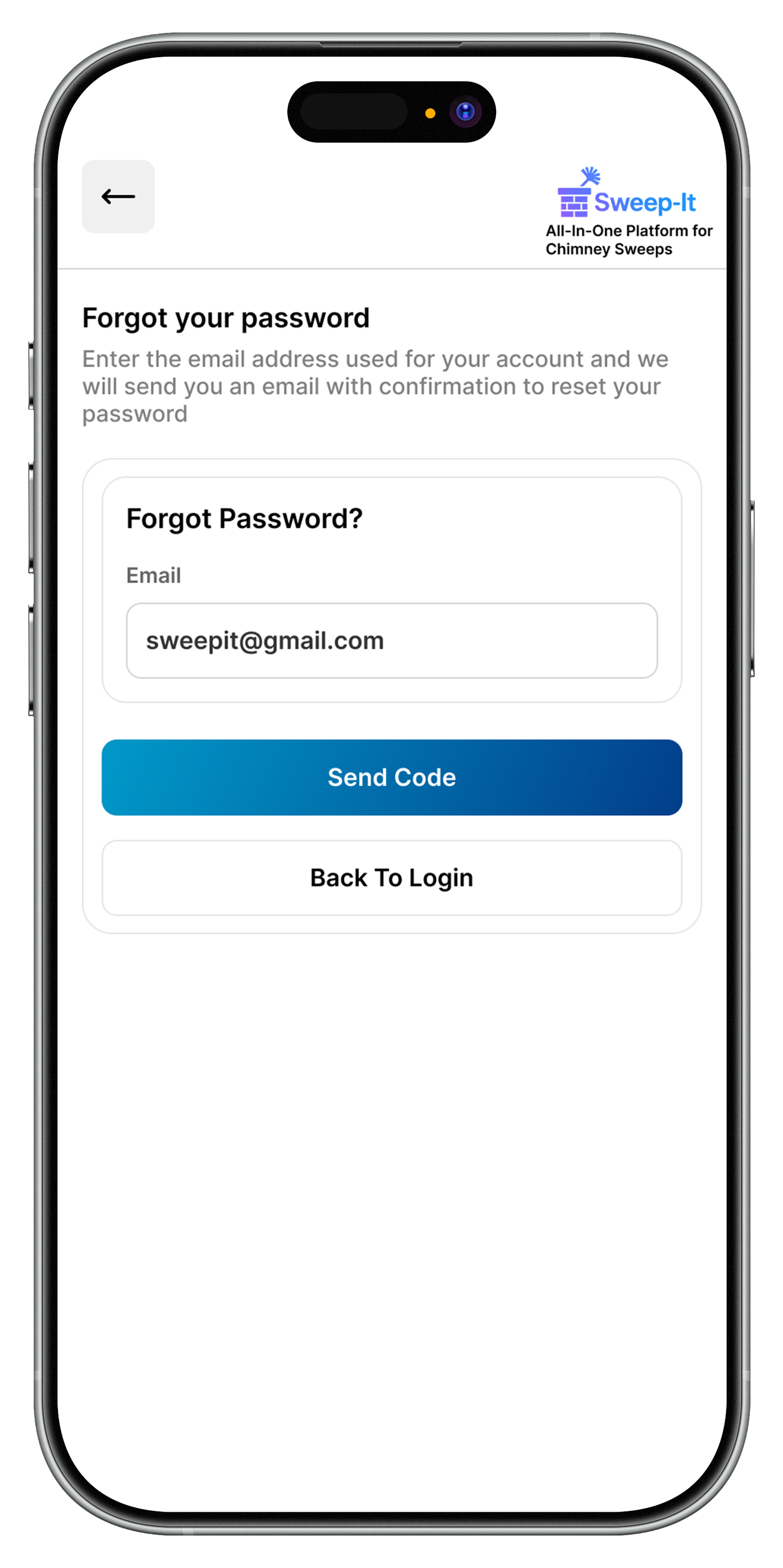 Sweep-It forgot password screen