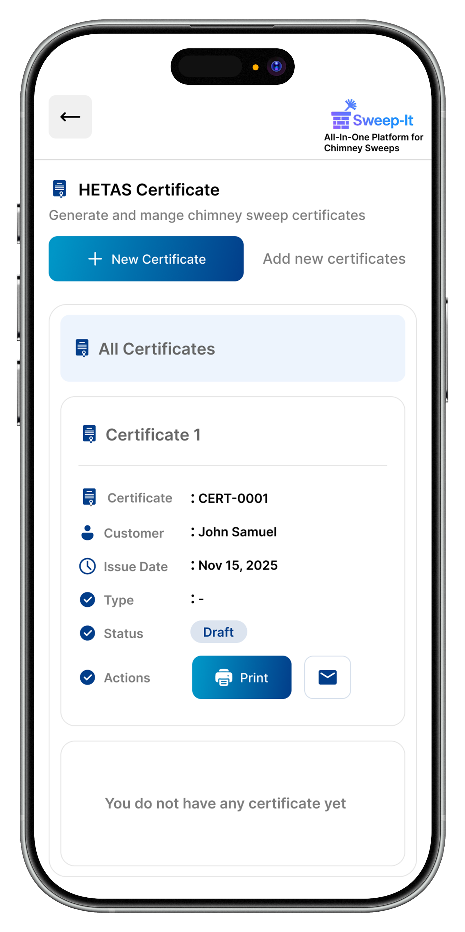 Sweep-It HETAS certificate screen