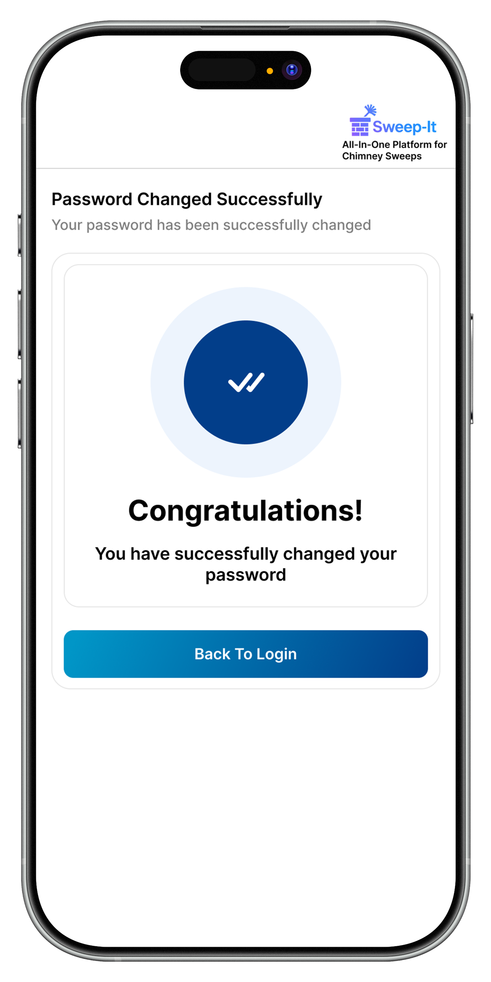 Sweep-It password change successful screen