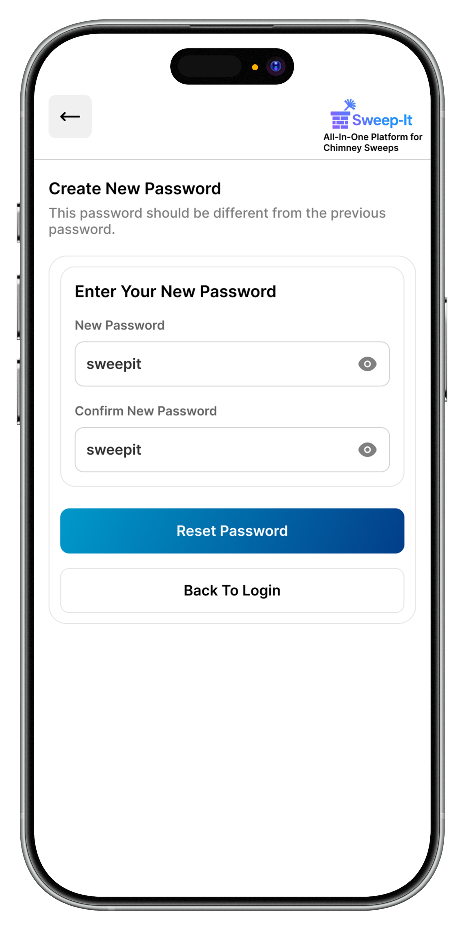 Sweep-It password changed screen
