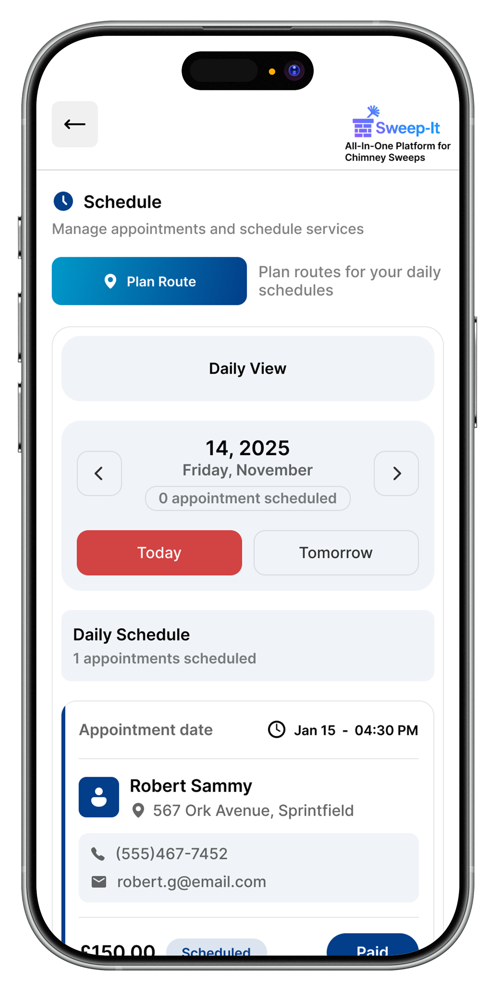 Sweep-It schedule screen
