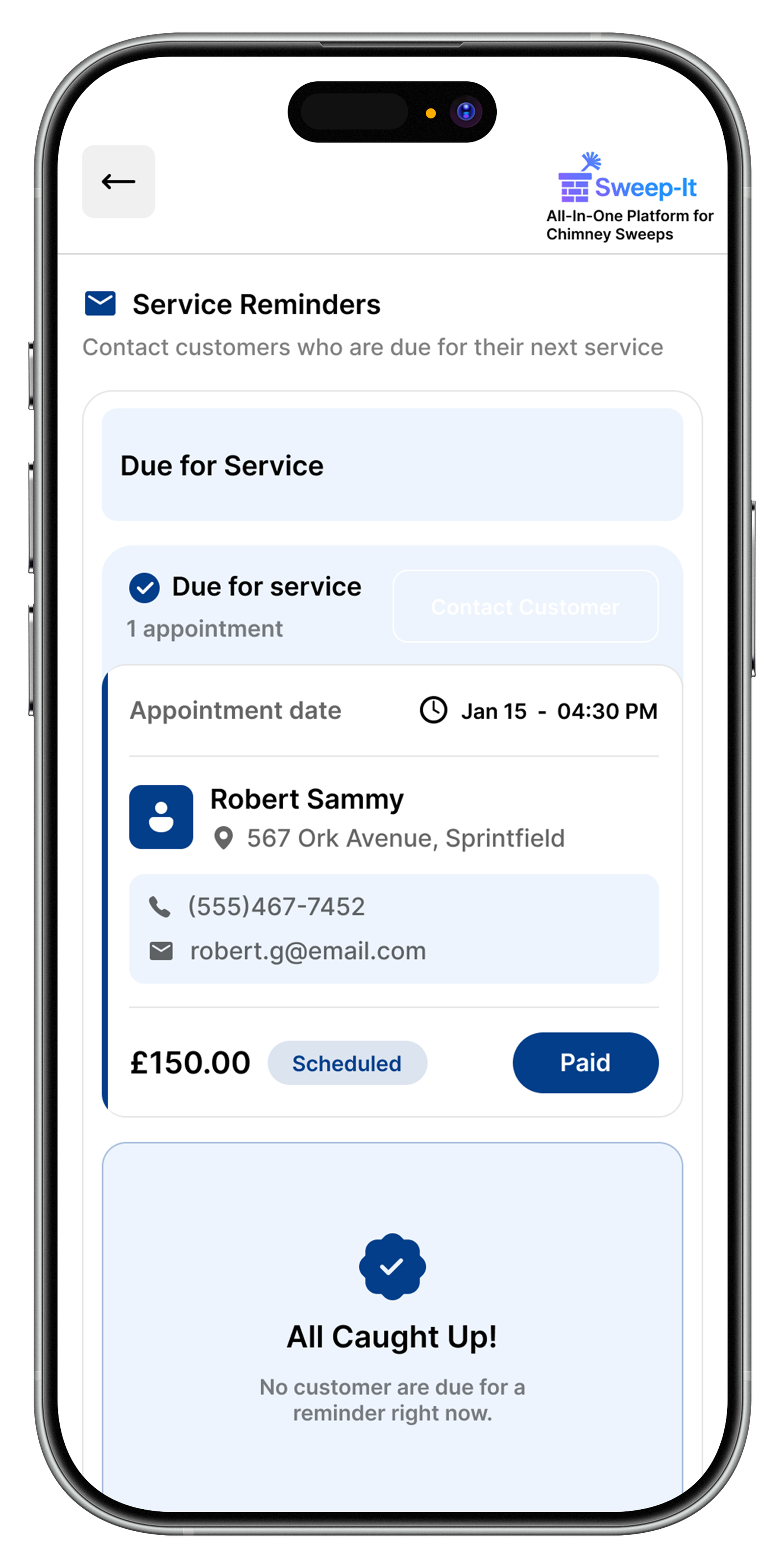 Sweep-It service reminder screen